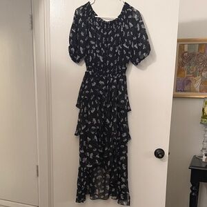 Maje Black and White Floral Midi Dress